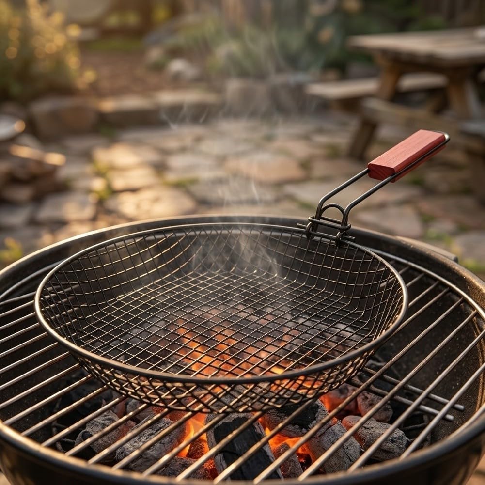 Klappbarer Grillkorb mit Holzgriff 304 Edelstahl Faltbar für Gemüse Fleisch Fisch Camping Garten BBQ Zubehör 55x31cm(2PC)