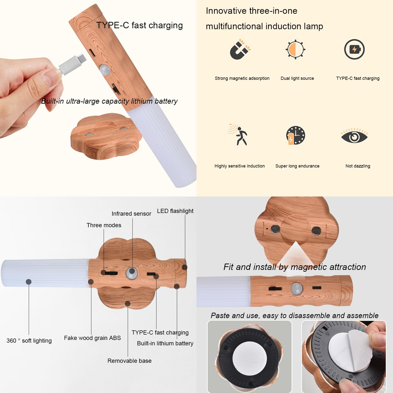 Aplique de Pared para Interiores, Recargable por USB, Regulable, LED de Noche, 3 en 1, lámpara de Pared inalámbrica, Sensor de Movimiento, Linterna de Pared para Dormitorio, pasil