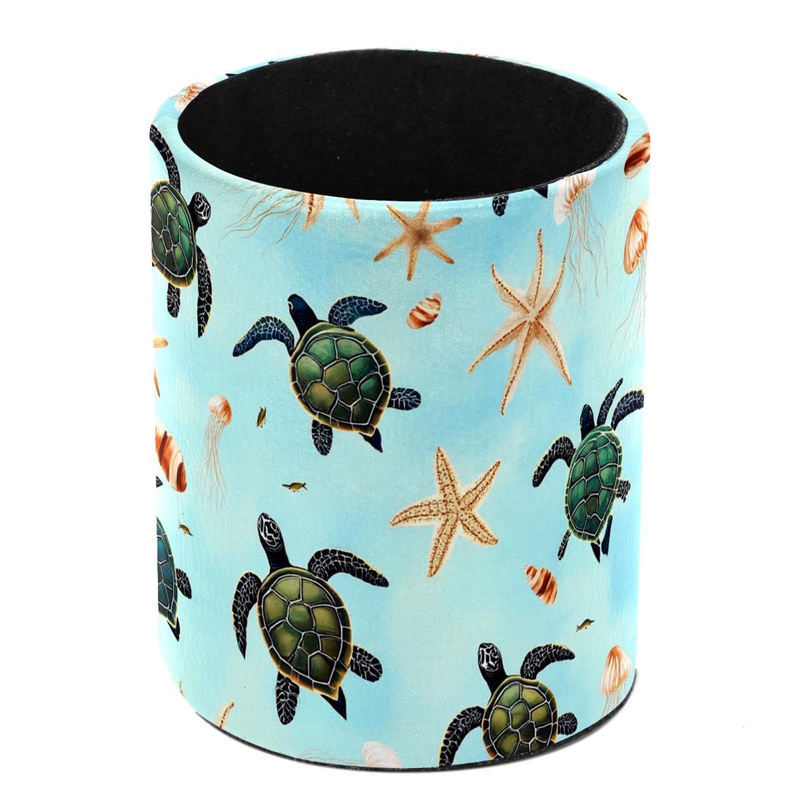 HEOEH Turtles Starfish Pen Holder for Desk, PU Leather Pencil Holder Pen Cup Marker Holder Makeup Brush Holders, Desk Accessories & Workspace Organizers for Home, Office