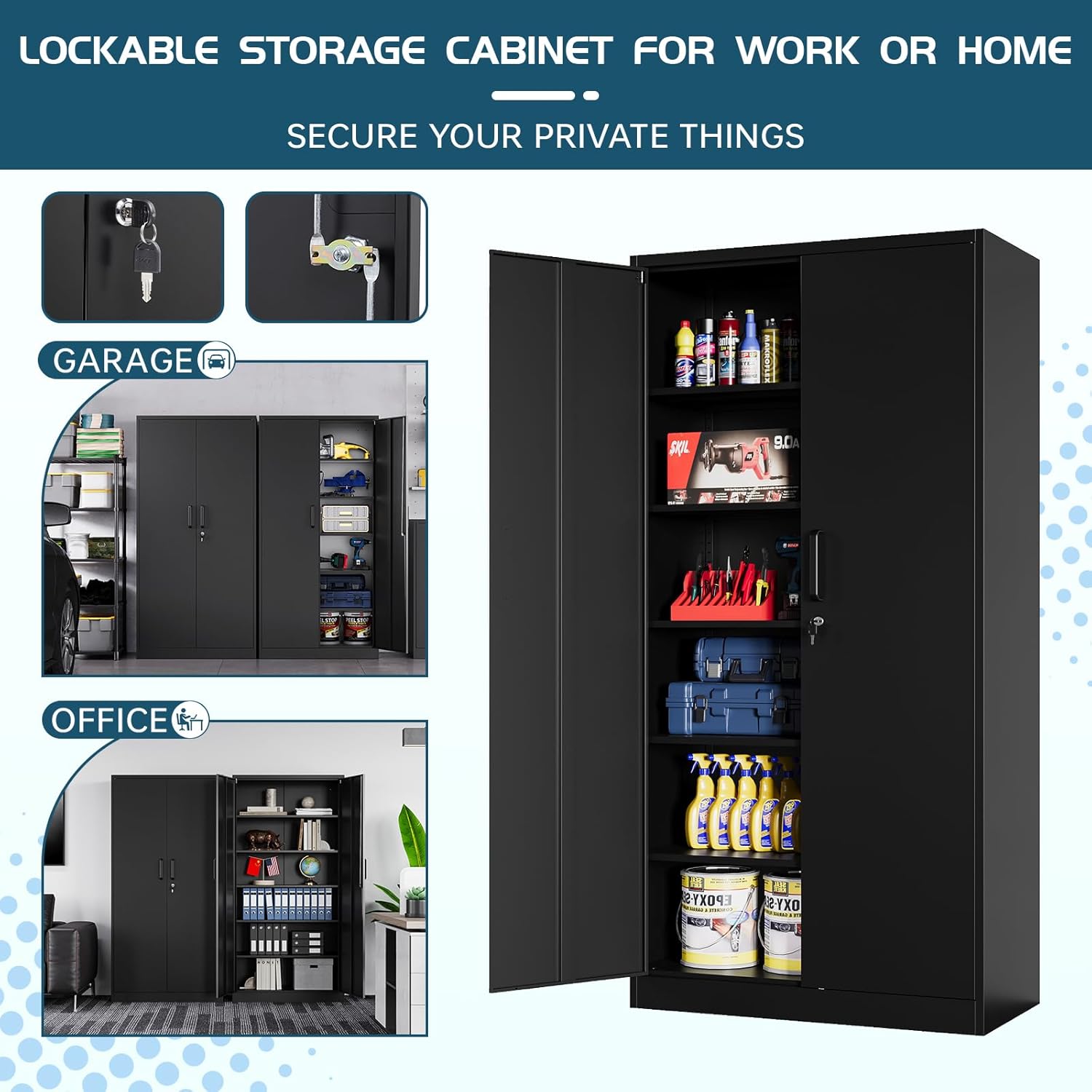 MIIIKO Metal Storage Cabinet With Locking Doors, White 72" Garage - View #3