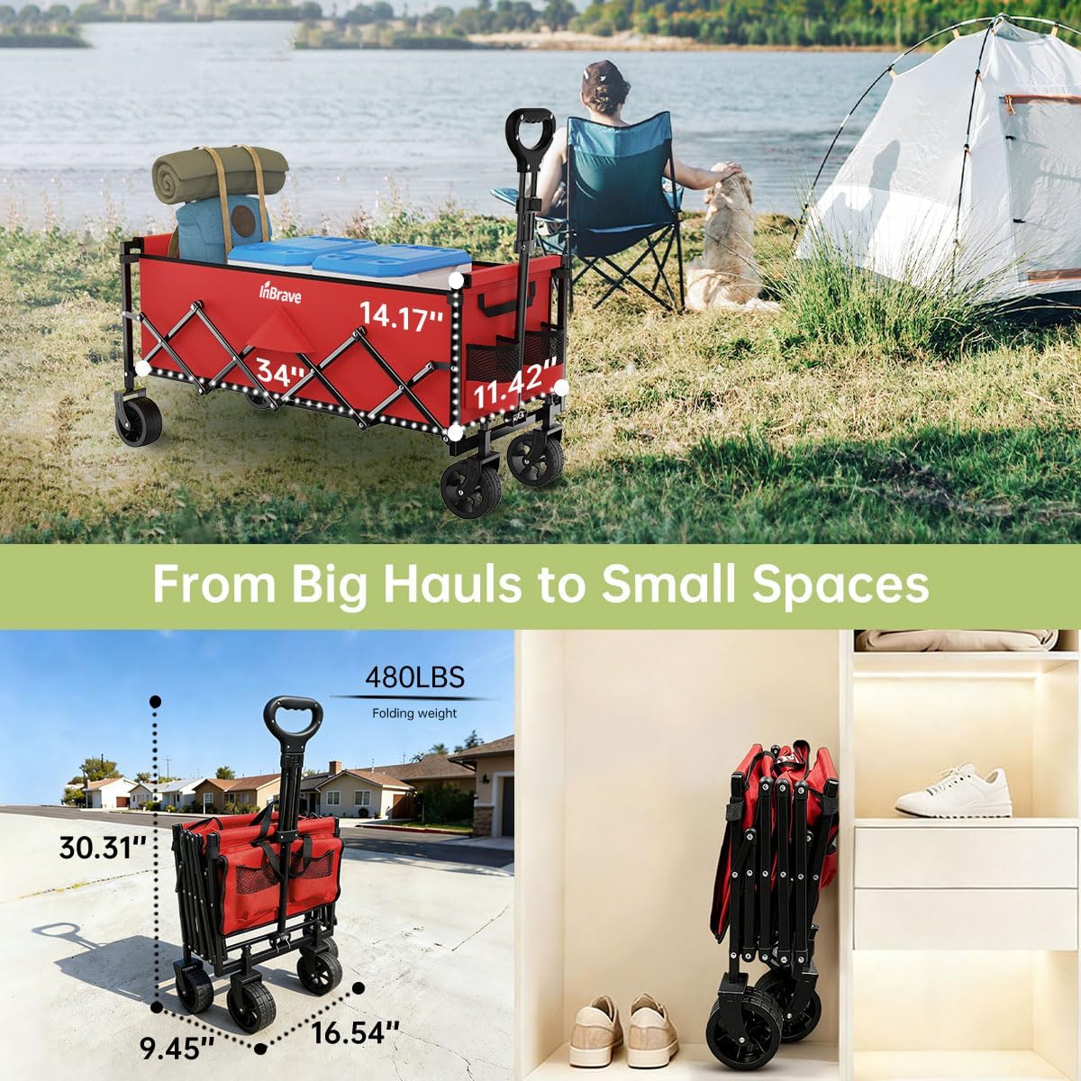 extra long collapsible wagon cart, 480lbs heavy duty utility wagons with all-terrain wheels, foldable grocery carts for gardening, shopping, beach, camping, red