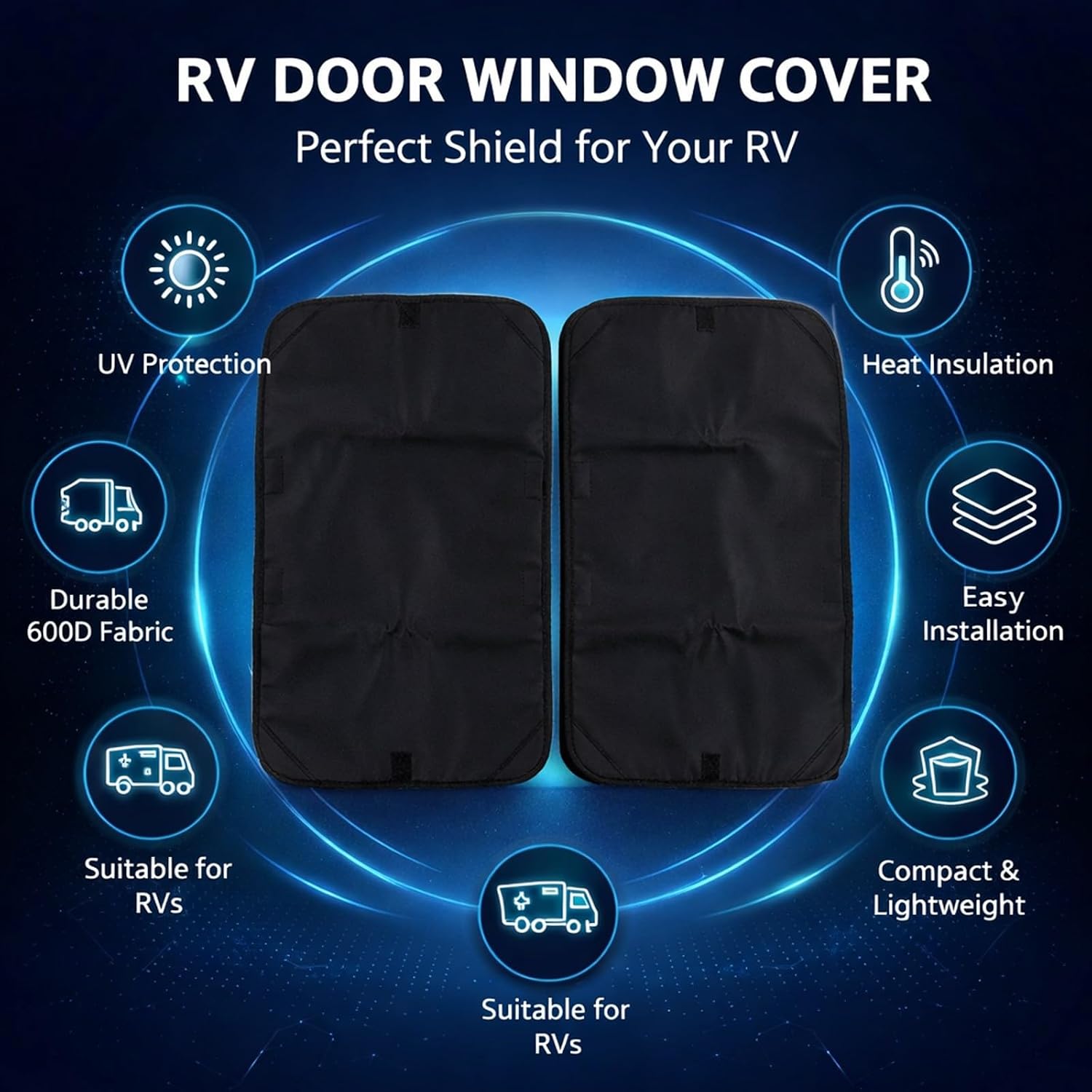 RV Door Window Cover Shade 2pcs, Double Layer Composite Fabric, 15.9x24.4 Inch - Block, Heat Insulation, Universal Fit for RV and Boats