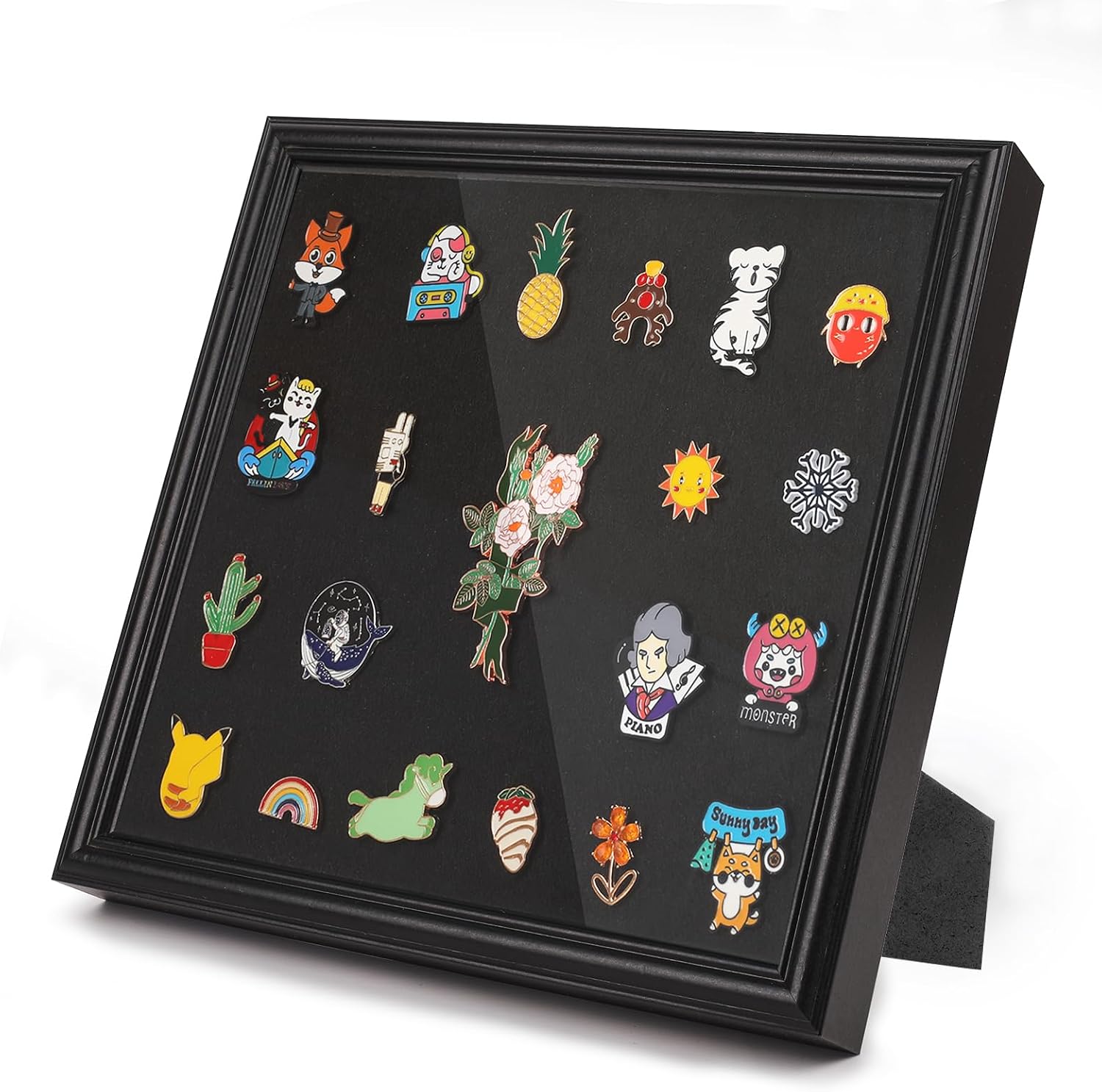 11x11 Enamel Pin Display Frame with Real Glass, Shadow Box for Wall and Tabletop Display, Pin Collection Holder with Felt Backing, Black