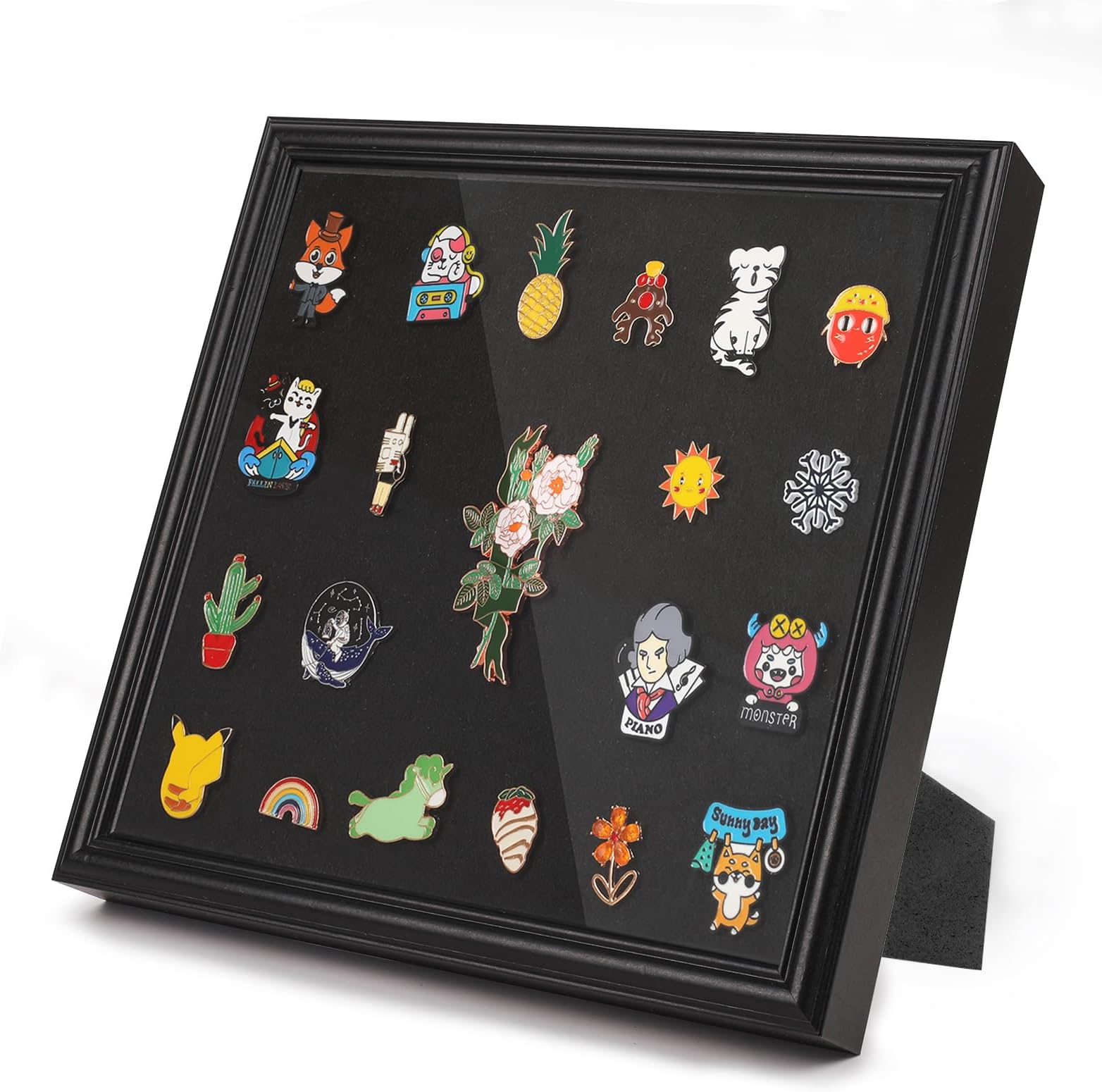 11x11 Enamel Pin Display Frame with Real Glass, Shadow Box for Wall and Tabletop Display, Pin Collection Holder with Felt Backing, Black