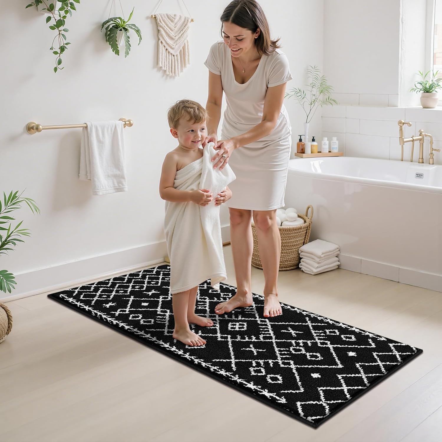 HEBE Bathroom Rugs Sets 5 Piece, Soft Absorbent Microfiber Bath Mat for Bathroom, Non Slip Washable Bath Rug Set with Toilet Cover, Bath Runner and U-Shaped Contour Toilet Rug, Black - Image 5