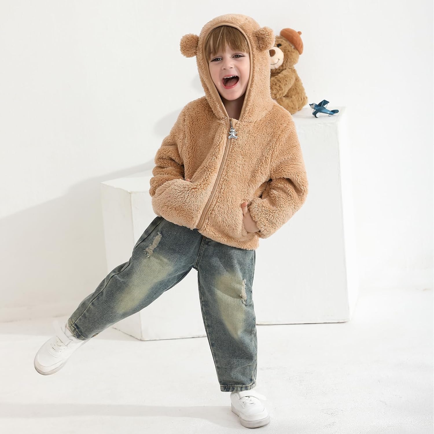 Baby Toddler Boys Girls Fleece Jacket with Hood Zip Up Cute Bear Coats for Infant Boys Girls Fuzzy Jacket with Ear 1-5T - Image 4