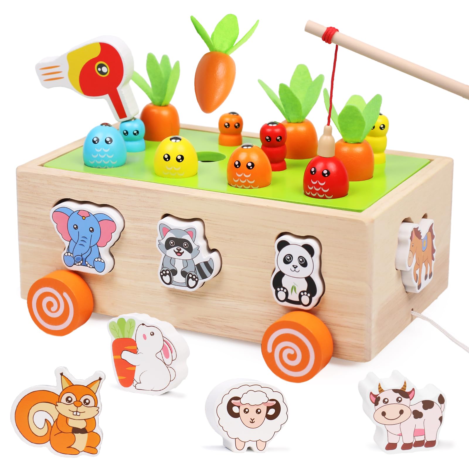 ZLLkeji Montessori Holzspielzeug 5-in-1 Set – Mit Angelspiel, Karottenernte, Sortieren, Stapeln & Fädeln – Lernspielzeug Ab 3 Jahren Für Feinmotorik & Kreativität