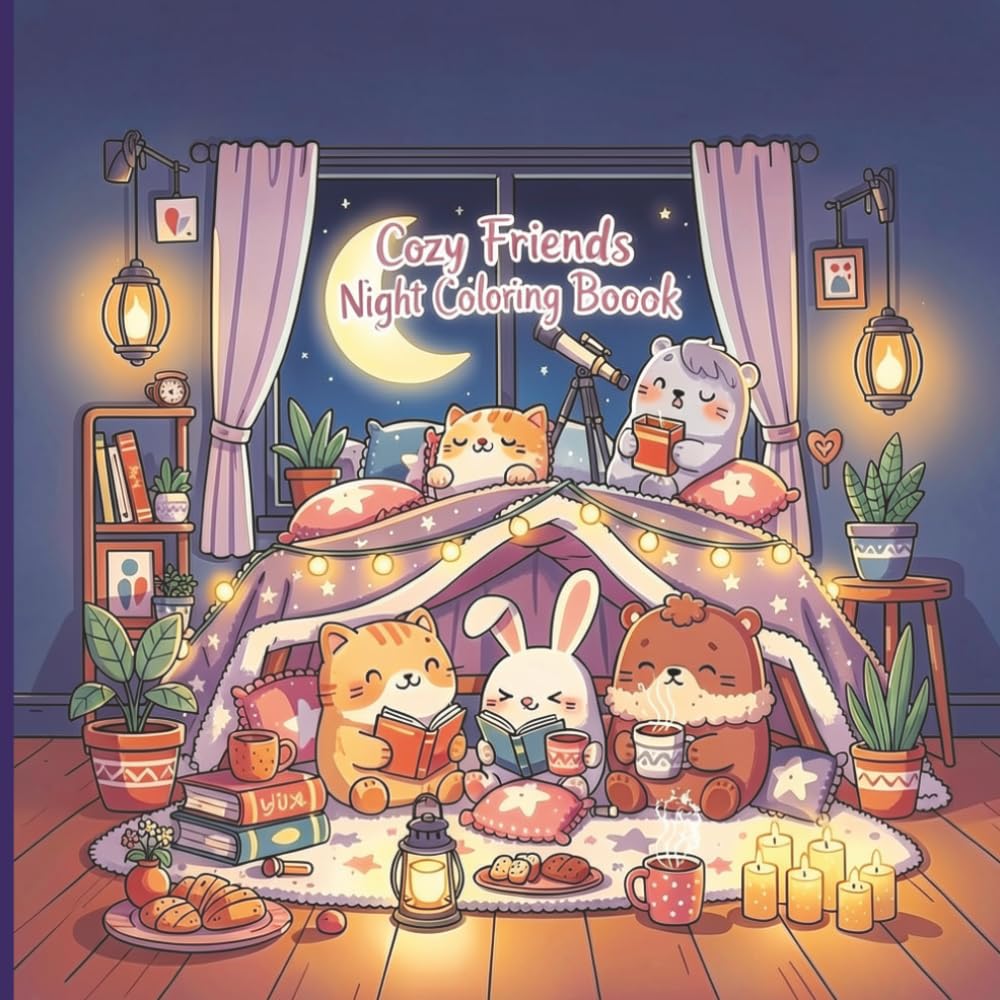 Cozy Friends Night Coloring Book: Coloring Book for Adults and Teens with Adorable Animal Characters and Simple Relaxing Designs to Color