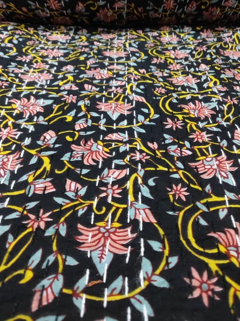 Indian Kantha Quilt Block Printed Kantha Blanket Cotton Kantha Bedspread Handmade Kantha Quilt Throw Indian Print Summer bedspreads (Black, Twin)