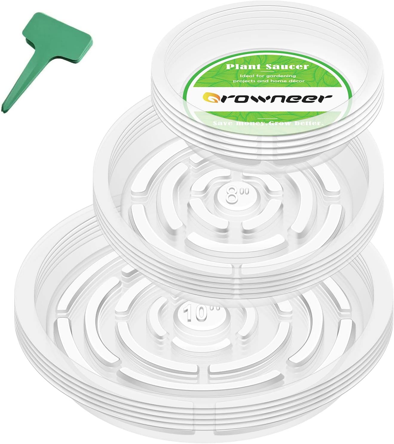 GROWNEER 15 Pack of 6, 8, 10 Inches Clear Plant Saucers Flower Pot Trays, with 15 Pcs Plant Labels, Plastic Plant Saucer Drip Trays for Indoor Outdoor Plants Garden