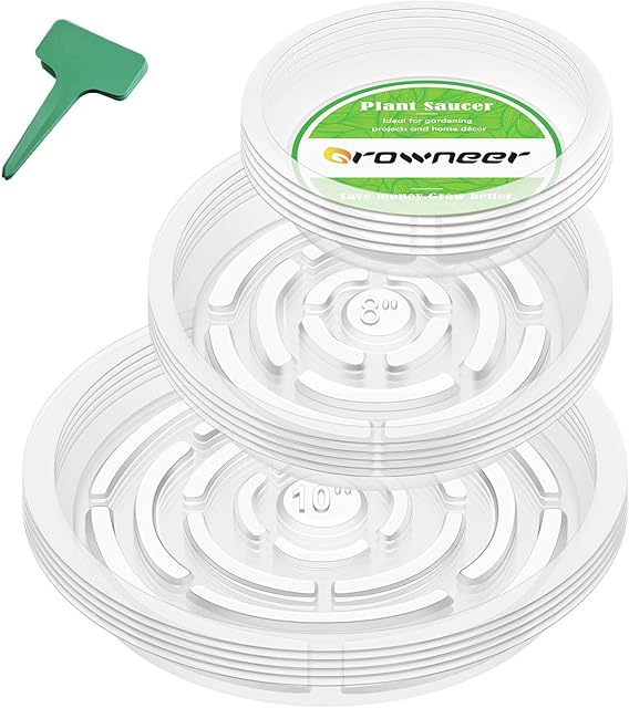 GROWNEER 15 Pack of 15, 20, 25 CM Clear Plant Saucers Flower Pot Trays, with 15 Pcs Plant Labels, Plastic Plant Drip Trays for Indoor Outdoor Plants Garden, Assorted 4 Sizes, 6pcs of Each Size