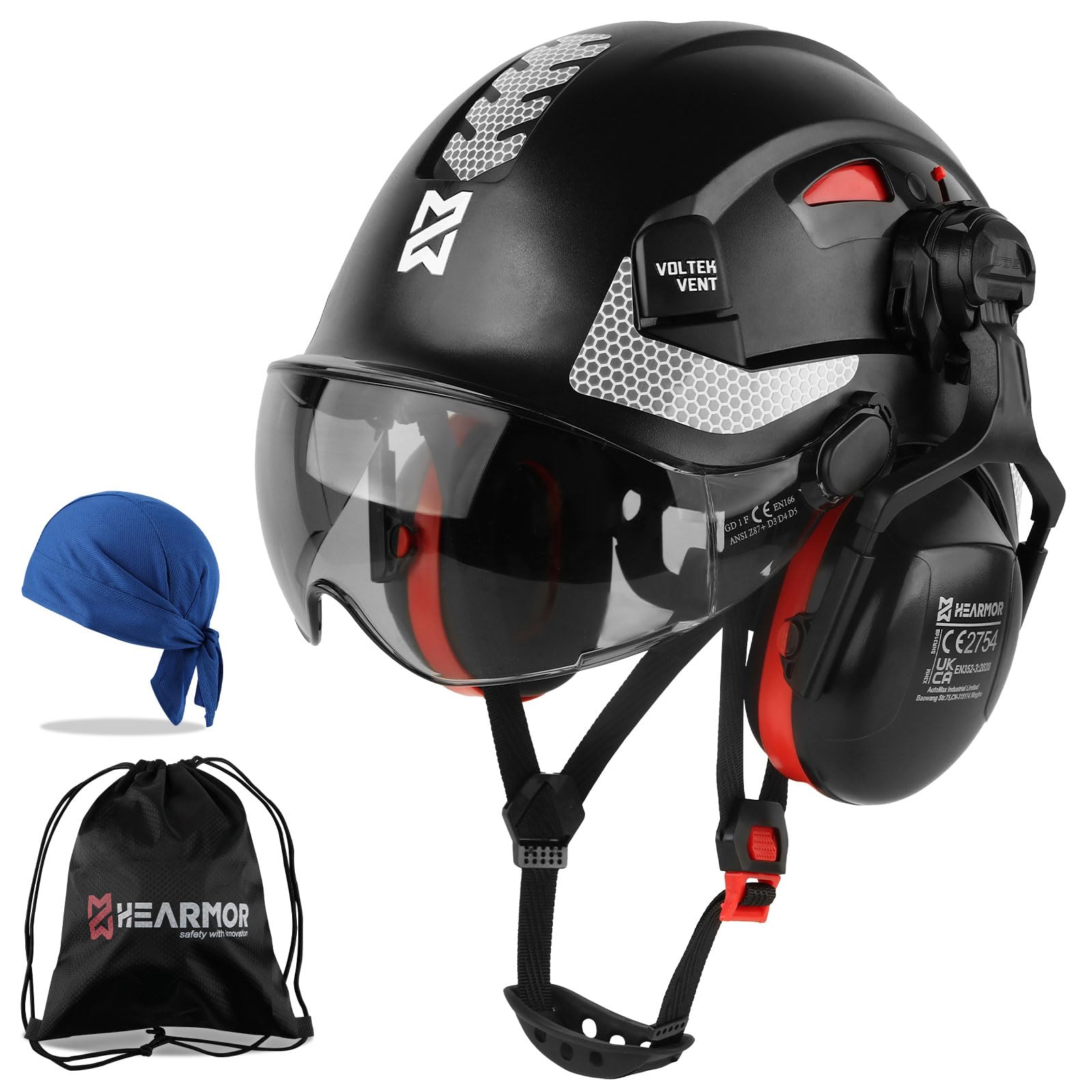 HEARMOR Casco 3 en 1 con protección auditiva y visera, casco de trabajo certificado EN 397 para trabajos forestales, construcción y escalada, incluye bolsa portátil y forro refrigerante