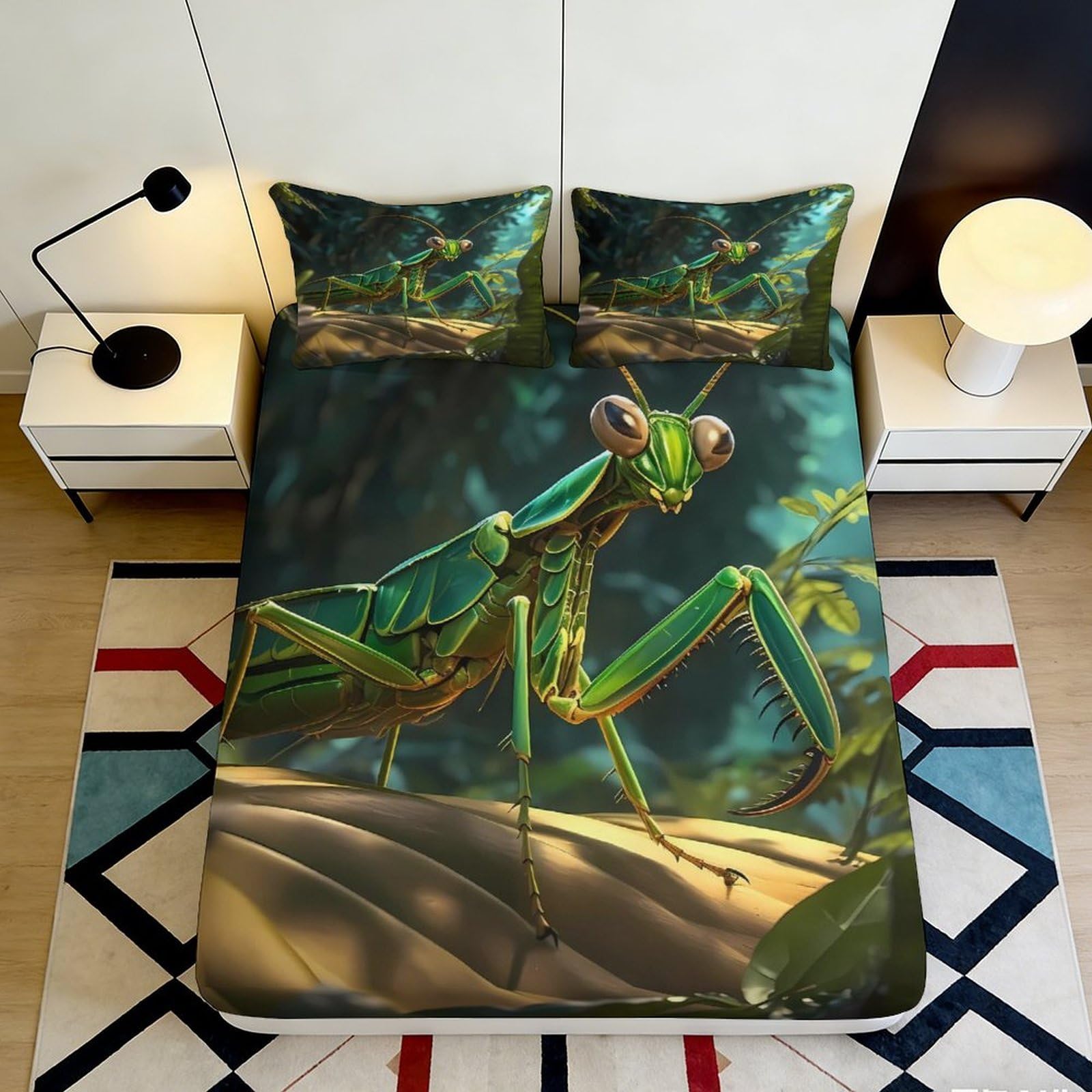 3D Printed Praying Mantis Fitted Sheet Microfiber Soft Green Insect Bed Cover for Bedroom Dorm Mattress Decor 90x200x25cm
