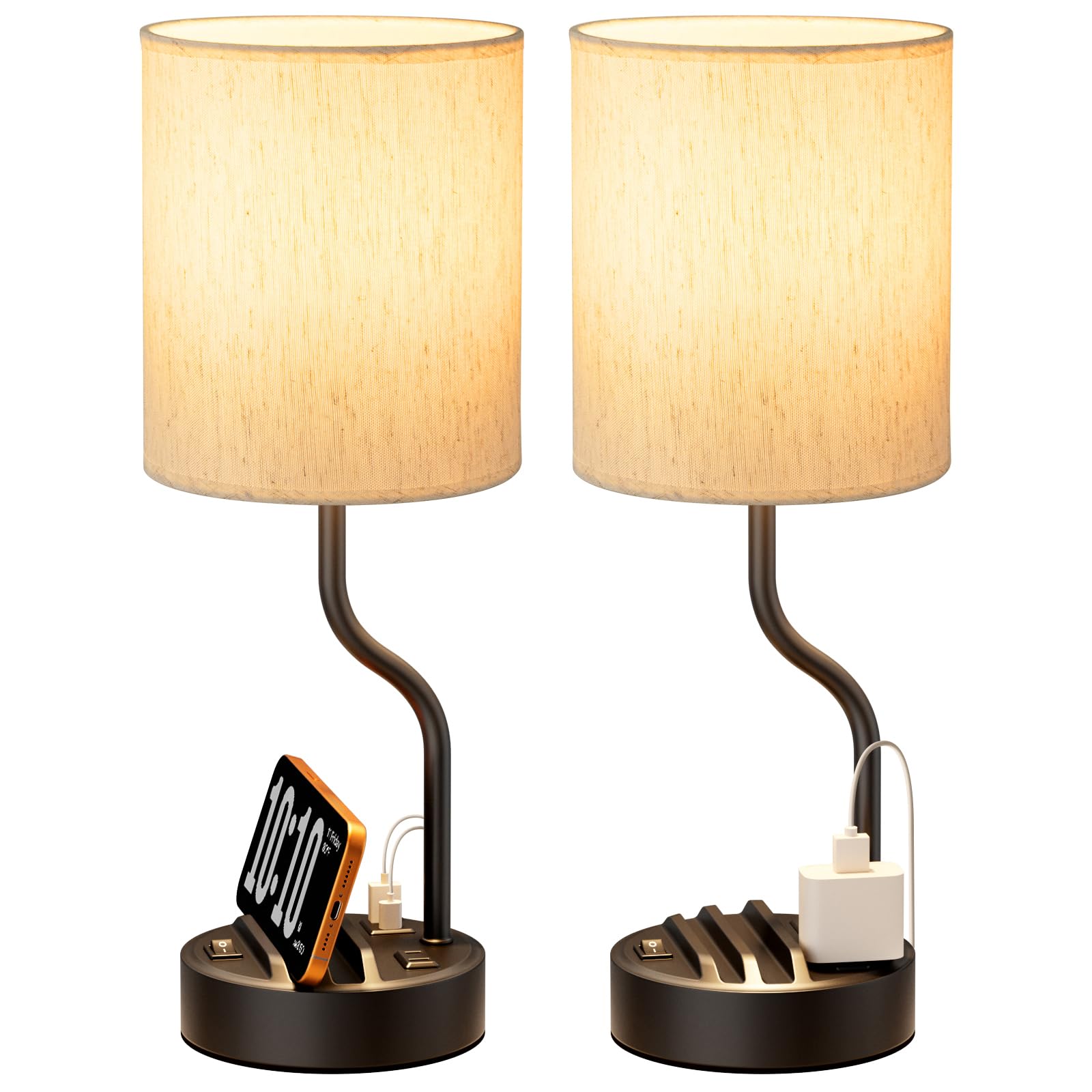 Fenmzee 18" Bedside Lamps for Bedroom Set of 2 - Table Lamp for Nightstand | USB A+C Ports, AC Outlet, Phone Stand, 3 Color Temperatures, LED Bulb Included, Desk Lamp for Living Room/Dorm