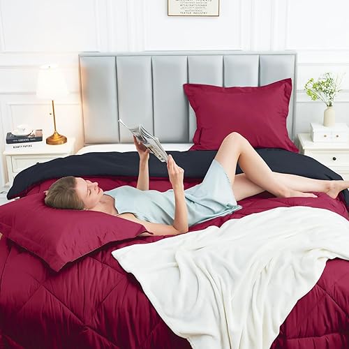 Miniatura 2 de JOLLYVOGUE Juego de edredón tamaño matrimonial, color rojo oscuro y negro, juego de cama reversible en una bolsa para todas las estaciones, juego de