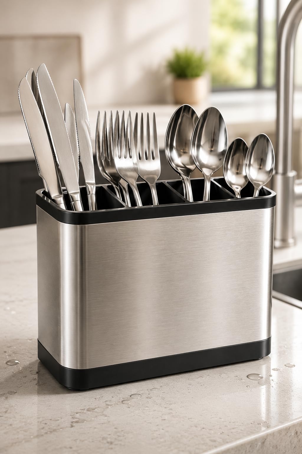 Escorredor de Talheres Aço Inox 4 Divisórias com Sistema de Drenagem | Design Moderno,