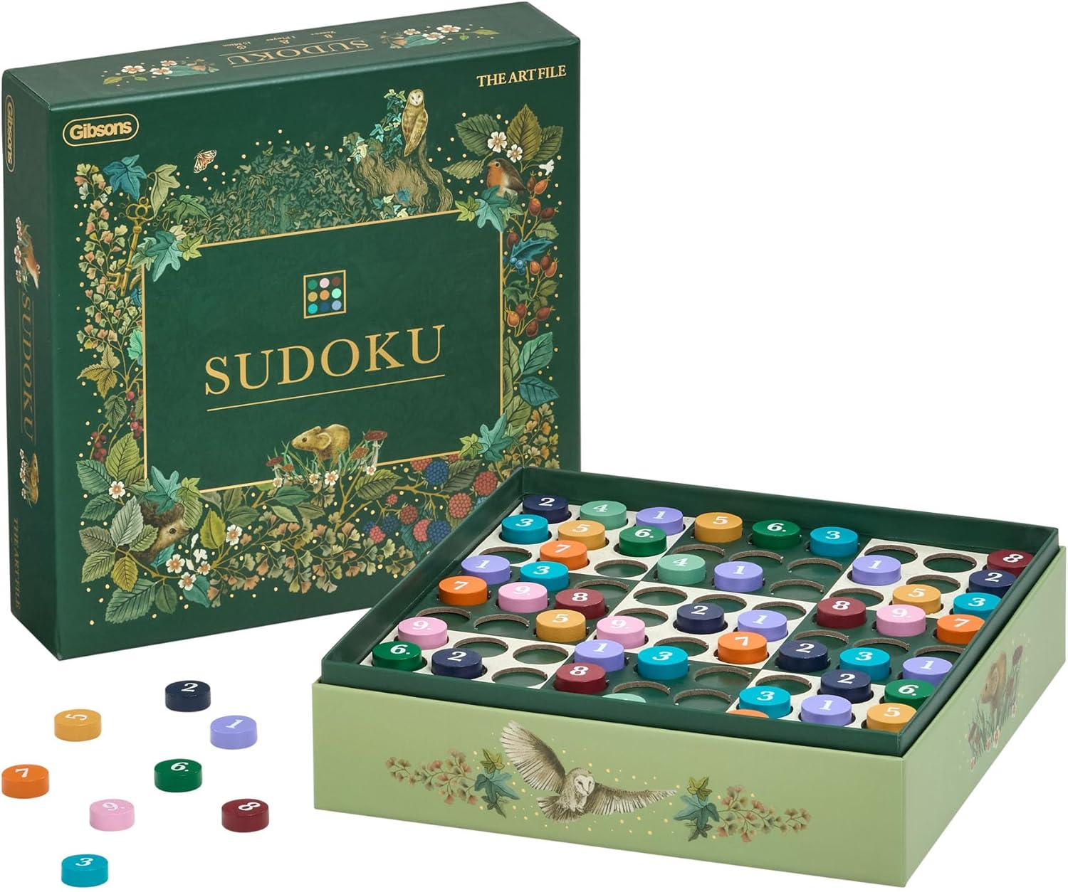 Gibsons The Art File Sudoku Board Game – Wooden Logic Puzzle with 150 Challenges – 81 Dual-Sided Checkers, Ages 8+ | Premium Green Botanical Design – Brain Teaser Gift for Adults & Kids