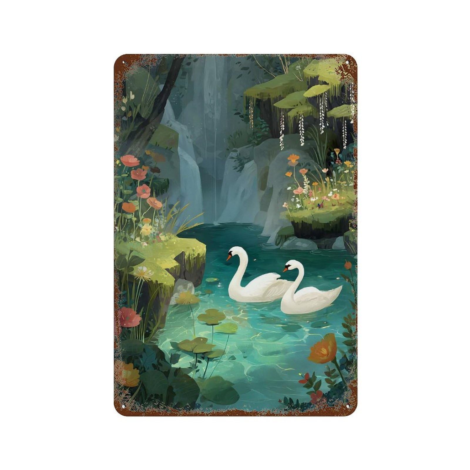 Swans in A Floral Waterfall Pond Retro Metal Sign 11.8"x7.9", Classic Wall Plaque for Basement, Hobby Room And Garage Decor