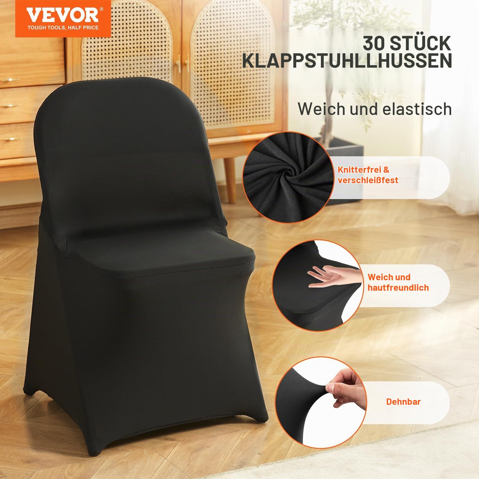 VEVOR Stuhlhussen aus Elastischem Spandex für Klappstühle, Universell Passender Stuhlbezug, Abnehmbare & Waschbare Schonbezüge, für Hochzeiten, Partys, Feiern, Essen (30 Stück, Schwarz)
