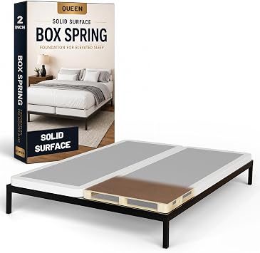 Treaton, Solid Surface Box Spring Bed Base Queen Size, 2-Inch Wood Amish Made in USA Quiet Noise Free, 2-Pieces Under Mattress-Support BoxSpring, Fully Assembled, White
