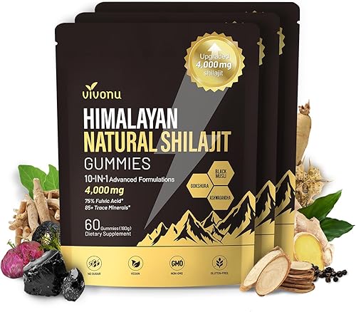 Gomitas Shilajit, Shilajit para hombres y mujeres  Fórmula 10 en 1 de alta potencia de 4000 mg con shilajit puro del Himalaya, Ashwagandha y 75%