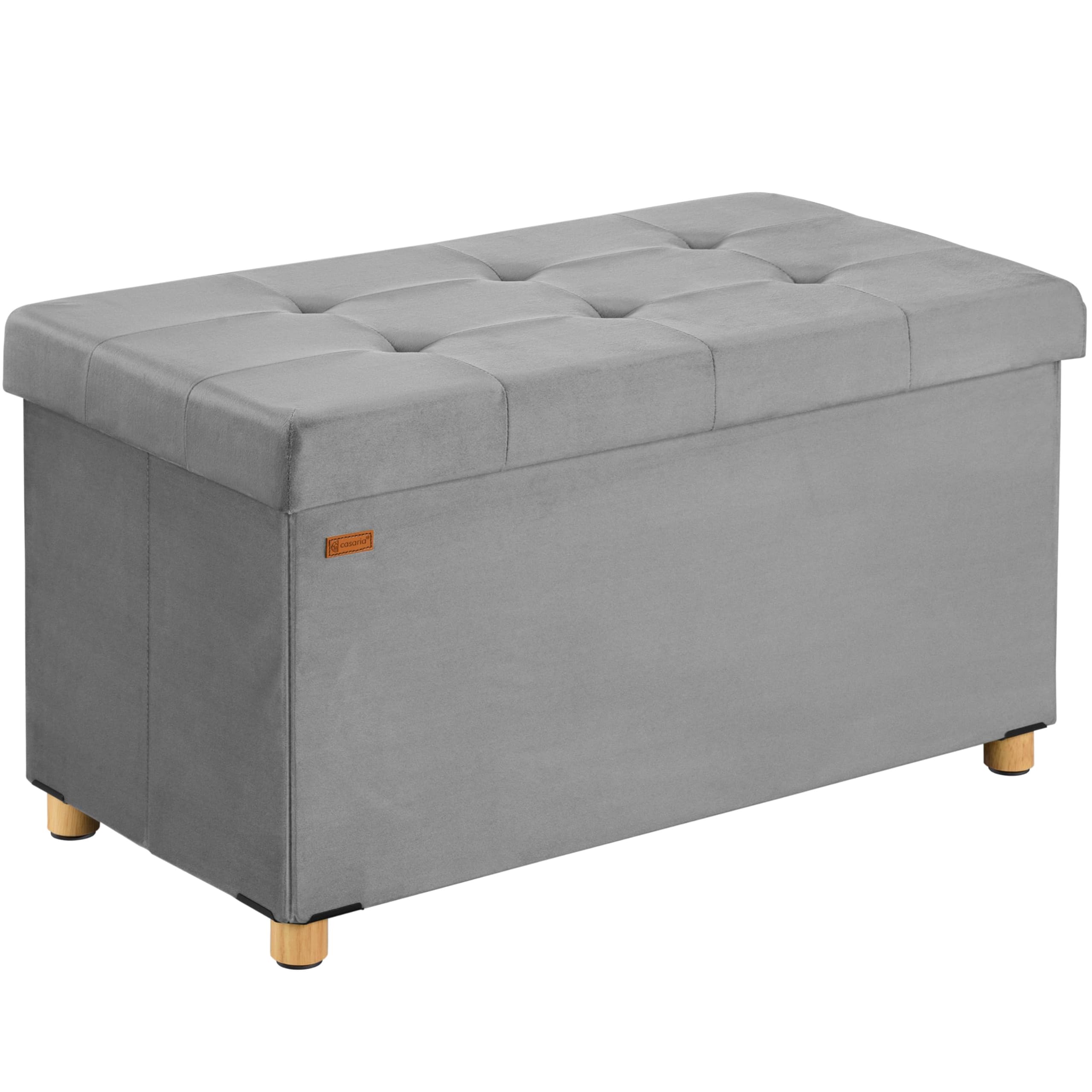 CASARIA® Banco Almacenaje Puff Plegable Capacidad Carga 300kg 38x76x42cm 2 Organizadores Patas Terciopelo Reposapies Salon Dormitorio Otomana Gris