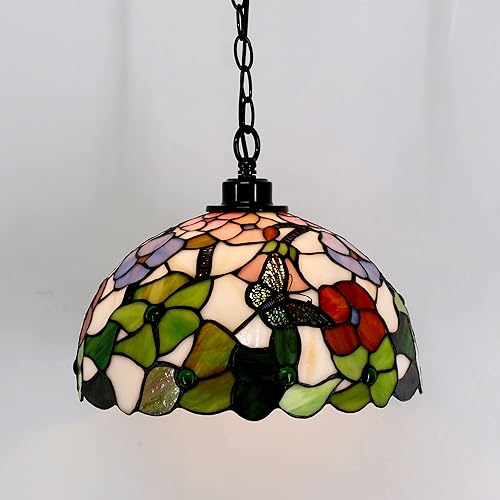 Miniatura 3 de ZJART Lámpara colgante estilo Tiffany de 12 pulgadas, estilo mariposa verde, lámpara colgante de vitral, lámpara colgante de 15 pies, cable