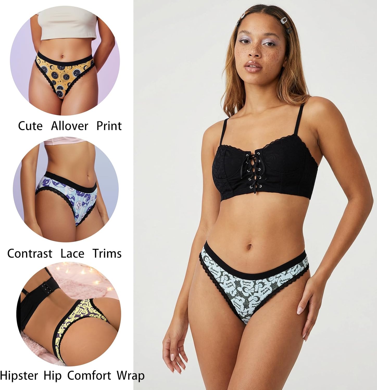 SYVIN Women's 12-Pack Allover Spooky Print Thong Underwear, Contrast Lace Trims Sexy Stylish Multiple Styles Assorted