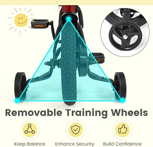 Miniatura 5 de BABY JOY Bicicleta para niños, bicicleta deportiva de 12 a 18 pulgadas con ruedas de entrenamiento extraíbles, asiento y manubrio ajustables, freno