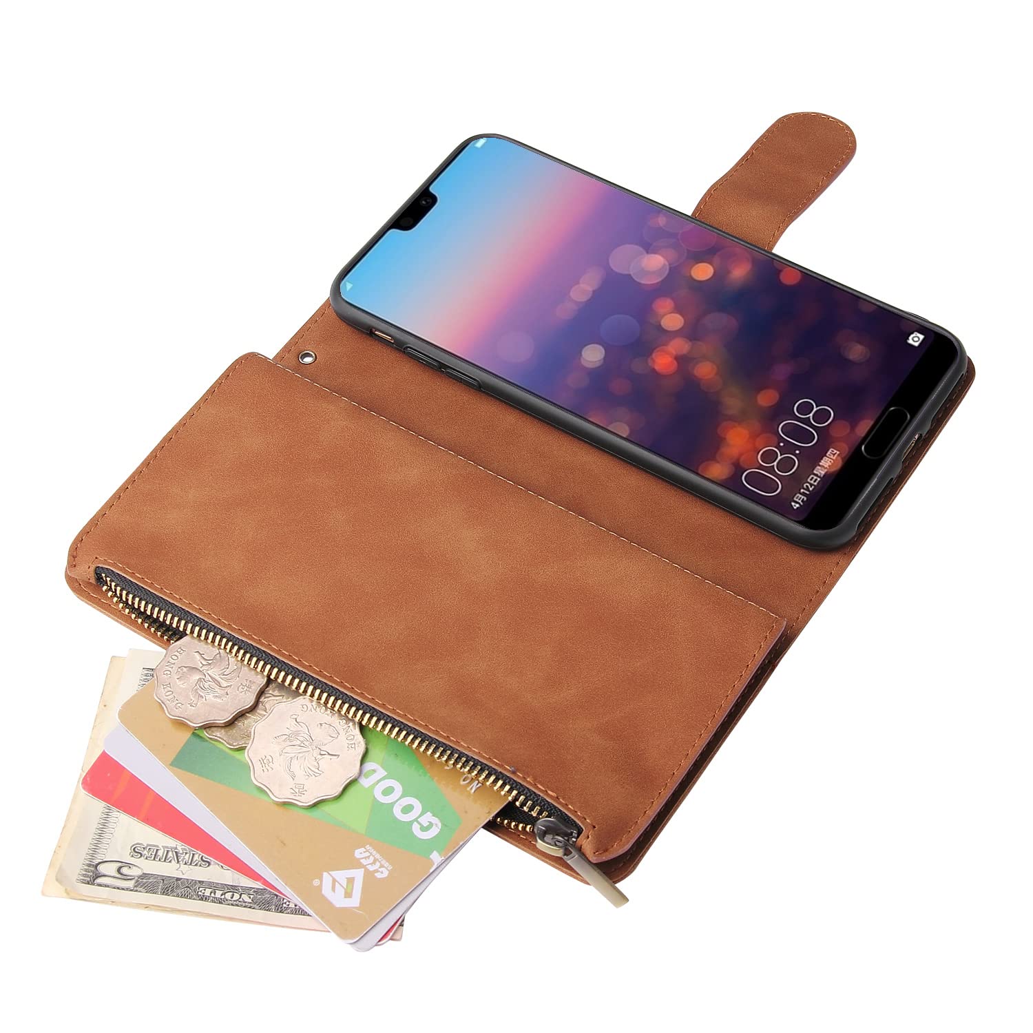 Asuwish Leder-Handyhülle Für Huawei P20 – Klapphülle Mit 6 Kartenfächern, Reißverschluss, Ständer & Inkl. Schutzfolie, Braun