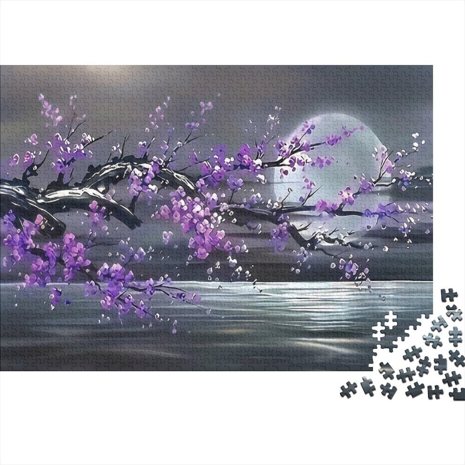 Purple Cherry Blossom 1000 Piece Jigsaw Puzzle Adult Paper Puzzle Night Moon for Family Home Decor Gift 70x50cm/1000pcs