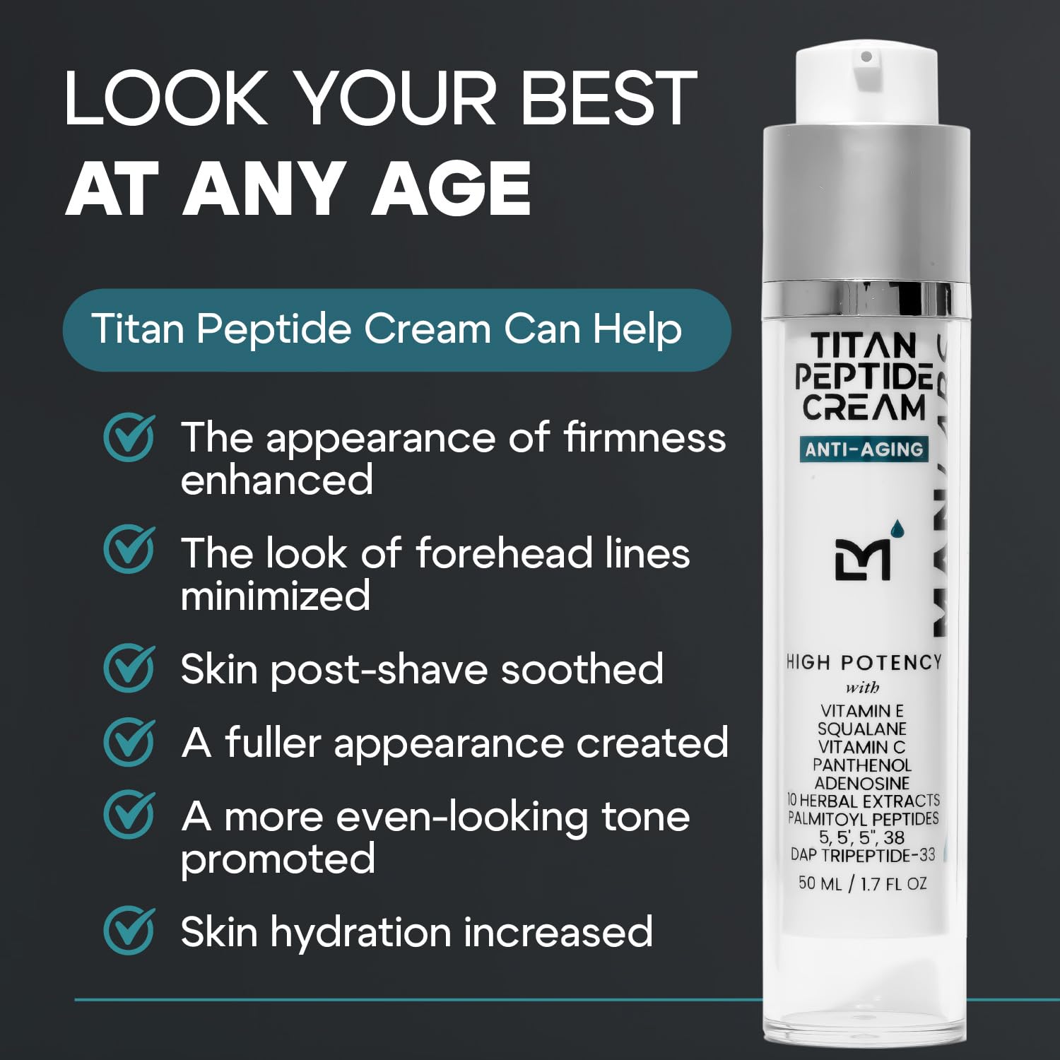 Titan Peptide Anti-Aging Mens Face Cream – Mens Face Moisturizer – For Men, Face Lotion – Men, Skin Care – Tighten, Firm, Revitalize – Peptides, Vitamin C & E, Squalane – All Skin – Unscented - Image 3