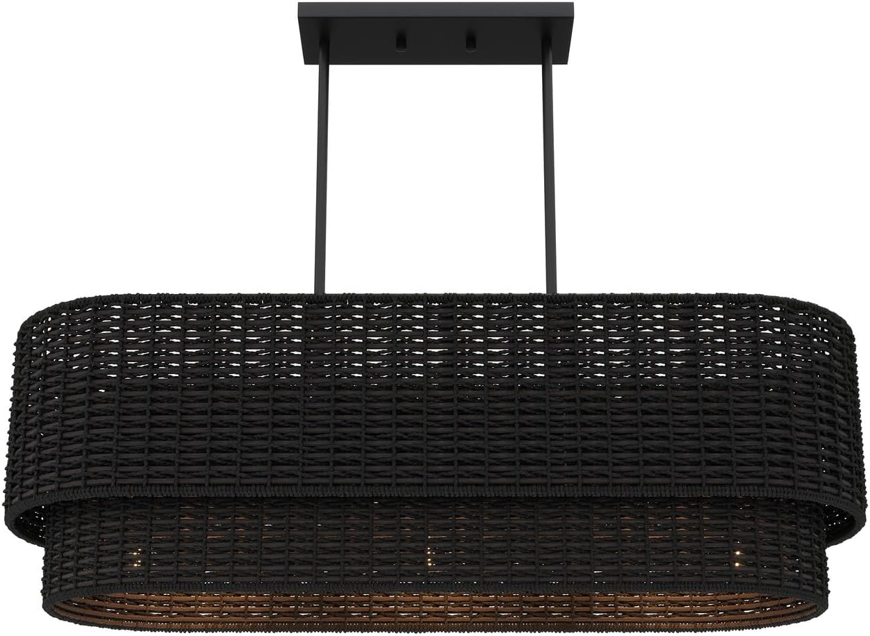 Aiwen 3-Light Rattan Chandeliers, 35.03 inch Farmhouse Black Chandelier with Rattan Lampshade, Boho Chandelier Hand-Woven Rattan Pendant Light Fixture for Kitchen Island Dining Room