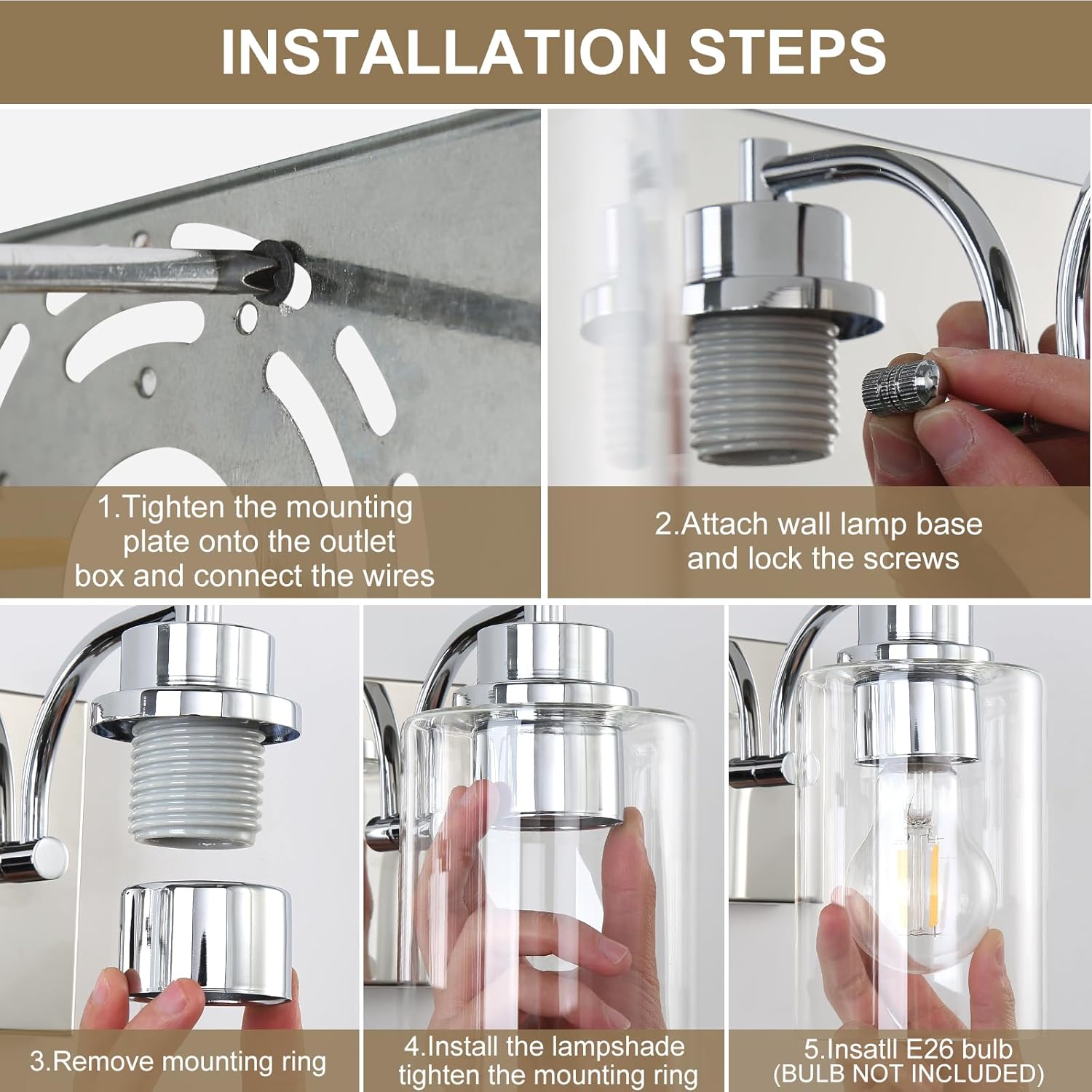 Bathroom Light Fixtures, 3-Light Bathroom Vanity Light with Clear Glass Shades, Silver Vanity Lights, Vintage Wall Sconces for Bedroom Living Room Hallway, ETL Listed