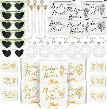 42 Pcs Bridesmaid Proposal Gifts, Maid of Honor Gift, Bridesmaid Proposal Box Invited Cards Makeup Bags Knot Bracelets Hair Scrunchies Diamond Pens Heart Sunglasses for Wedding Bridesmaid Gifts White