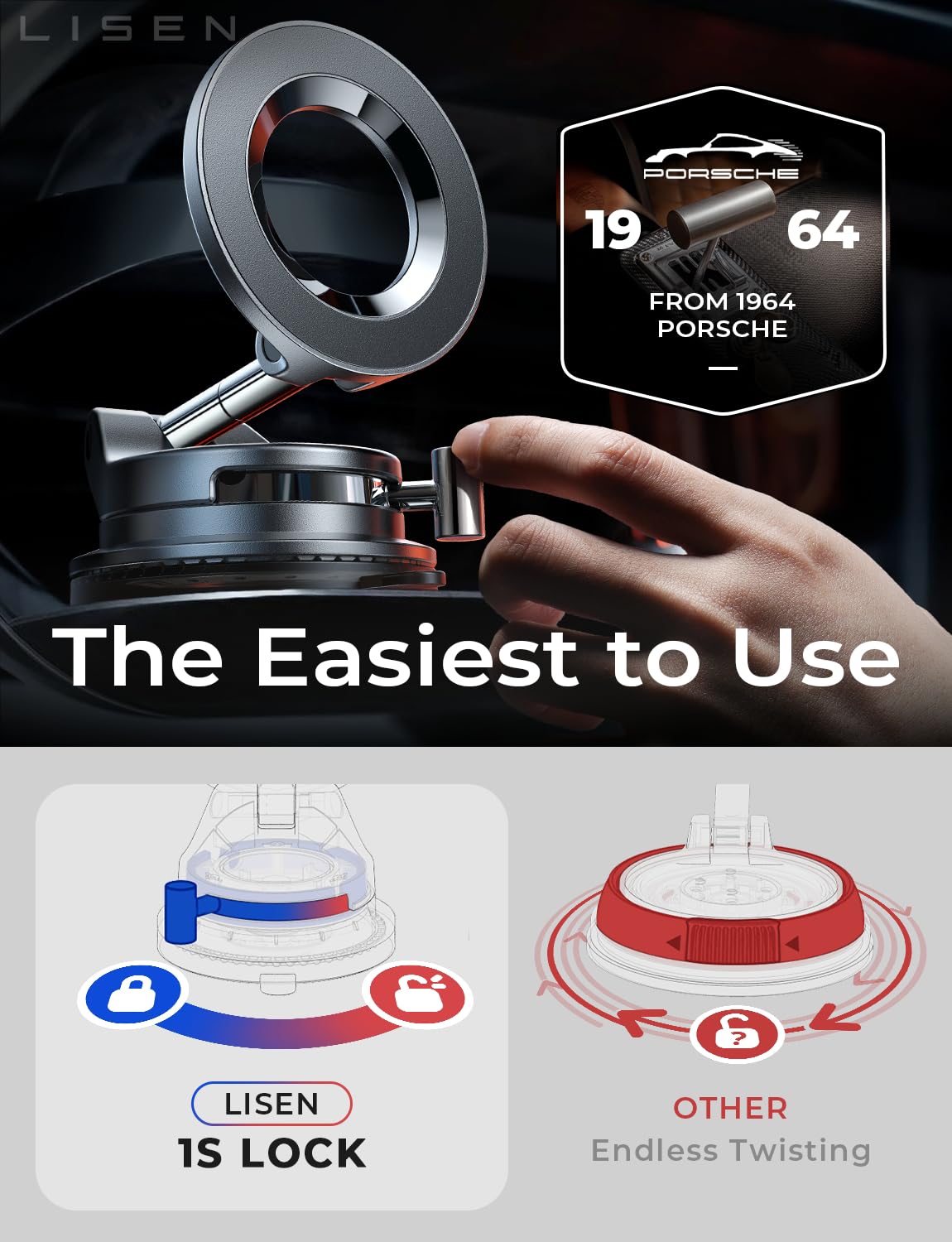 LISEN Vacuum Magnetic Phone Holder for Car, Magsafe Car Mount 360 Adjustable Vacuum Suction Cup, Phone Mount for Car Accessories/Windshield/Mirror/Kitchen/Gym for iPhone 17 Pro Max 16 15 14 13