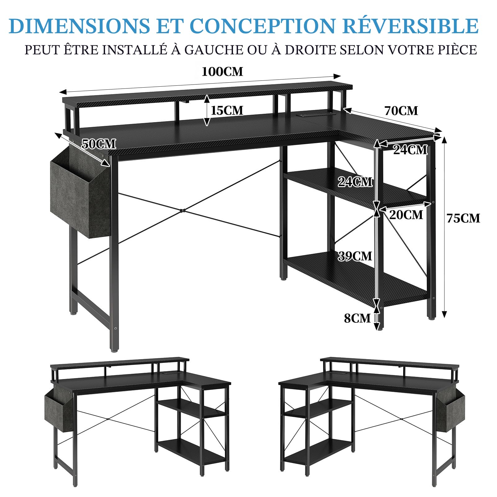 Grandder Bureau Gaming Réversible, 100x70cm Bureau d'angle en L avec Port de Charge USB et Prise de Courant, Table Ordinateur avec Support d'écran pour Chambre Domicile Maison Noir