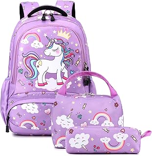 Dafelile Backpack Unicorn for Girls School Preschool Backpack for Girls School Bookpack Set with Lunch Bag Pencil Bag(Purple)