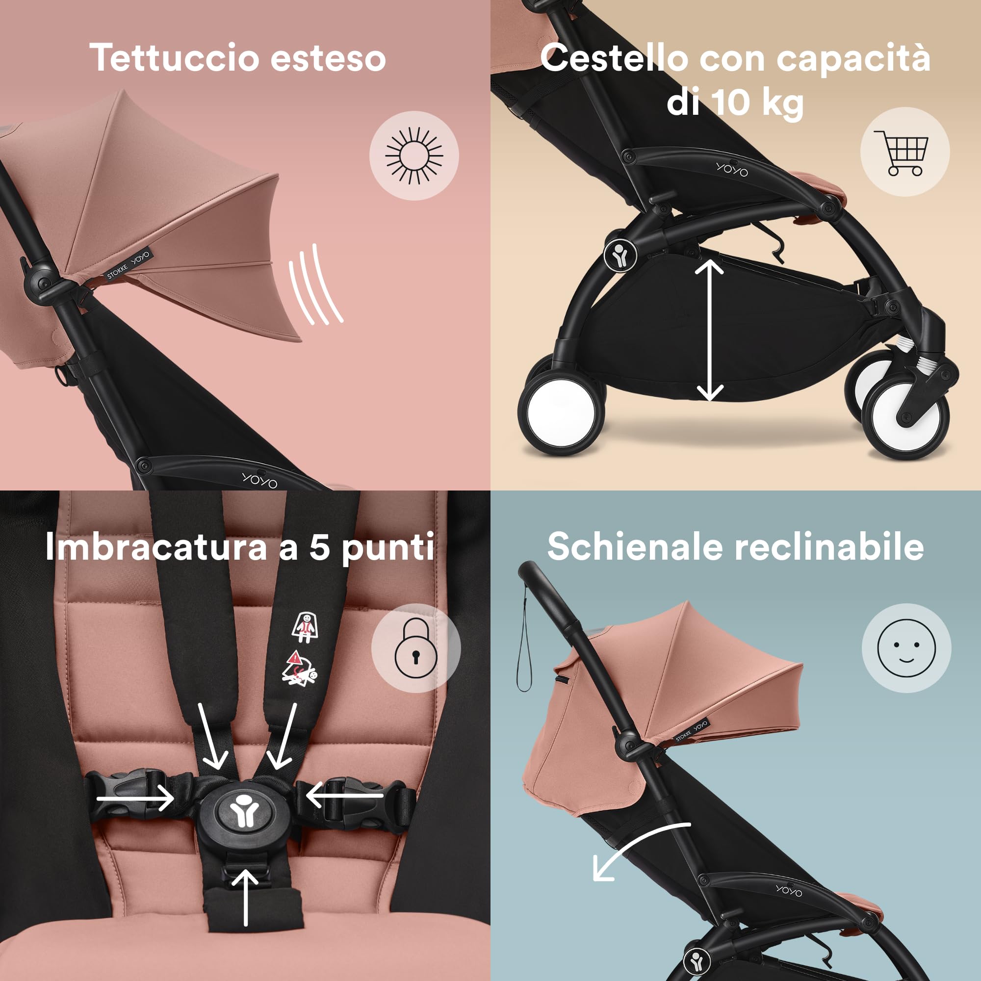Passeggino Stokke YOYO3 da 6 mesi - Include telaio nero/cuscino seduta Ginger + Capottina - Si ripiega e si apre in un lampo - Leggero e compatto - Compatibile con il bagaglio a mano