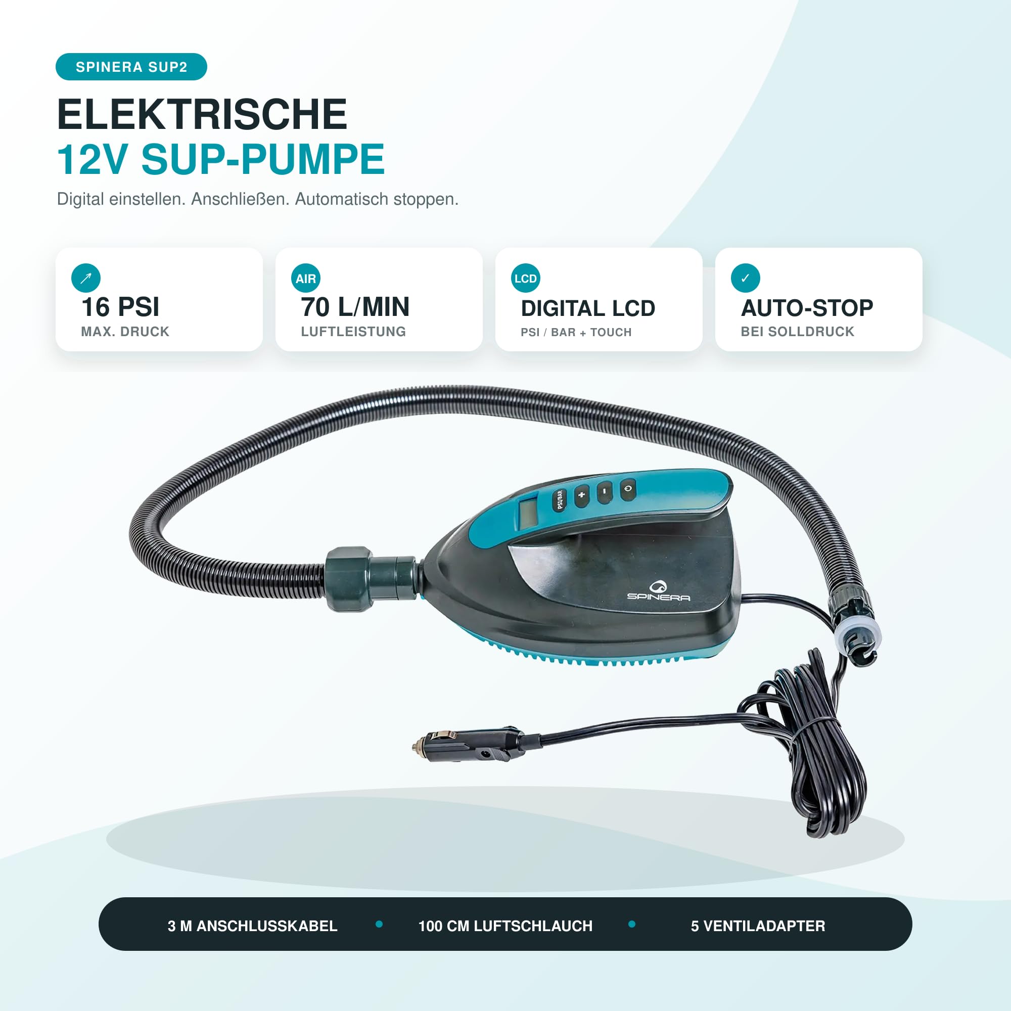 Spinera SUP Pumpe SUP2 12V bis 16 PSI, elektrische Hochdruckpumpe mit LCD-Display & Auto-Stopp für Stand Up Paddle Boards, Kajaks & Schlauchboote