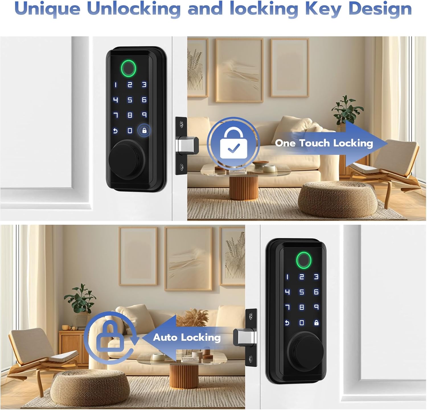 Illustration of One Touch Locking and Auto Locking features of the Eseesmart Smart Door Lock.