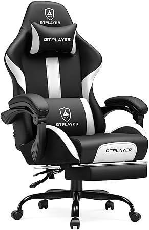 GTRACING Gaming Chair with Foot Rest & Pocket Spring Cushion, Ergonomic High Back Computer Chair with Headrest & 360°-Swivel Seat for Home Office Desk, PU Leather, White/Black