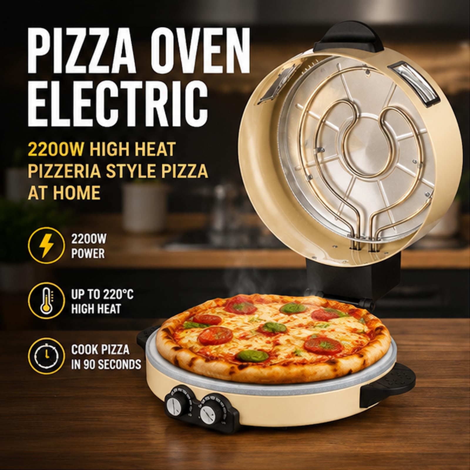 Elektryczny piekarnik do pizzy ze szklanym oknem, przenośną maszyną do robienia pizzy na blacie o mocy 2200 W, podwójnym sterowaniem ogrzewaniem i nieprzywierającą kamienną podstawą do pizzerii Quesad