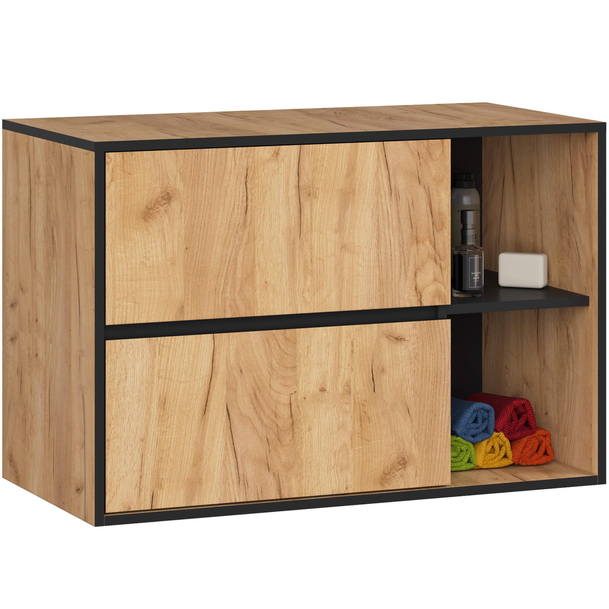 AKORD Meuble sous Vasque Salle de Bain VAMI 90 cm - sous-Lavabo Mural avec 2 Tiroirs - Rangement Pratique et Élegant - pour Vasque à Poser - 90x60x45,5 cm - Chêne Craft & Noir
