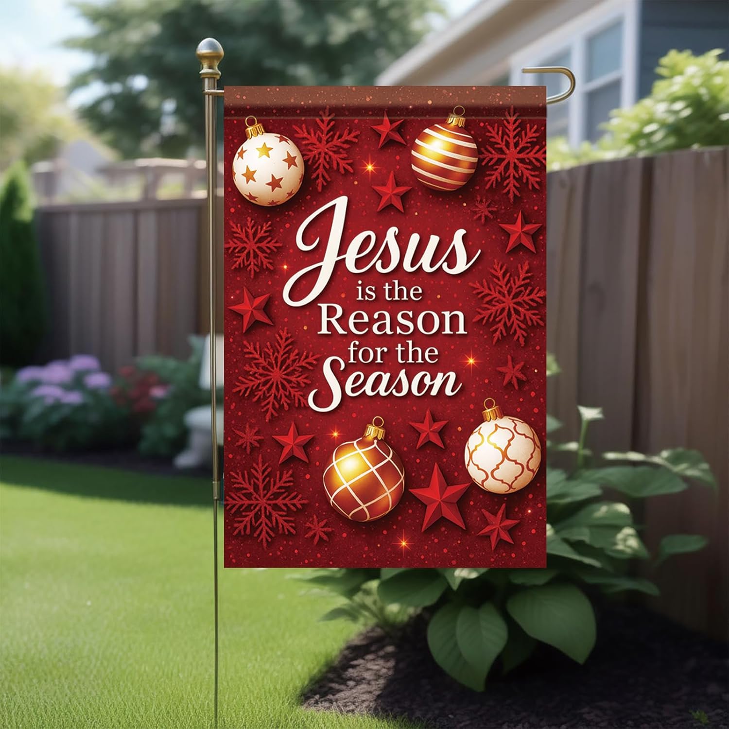 Jesus Is the Reason for the Season Christmas Garden Flag 12x18 Inch Double Sided Outdoor Red Snowflake Ornament Holiday Christian Faith Yard Decoration Winter Religious Small Garden Banner - Image 4