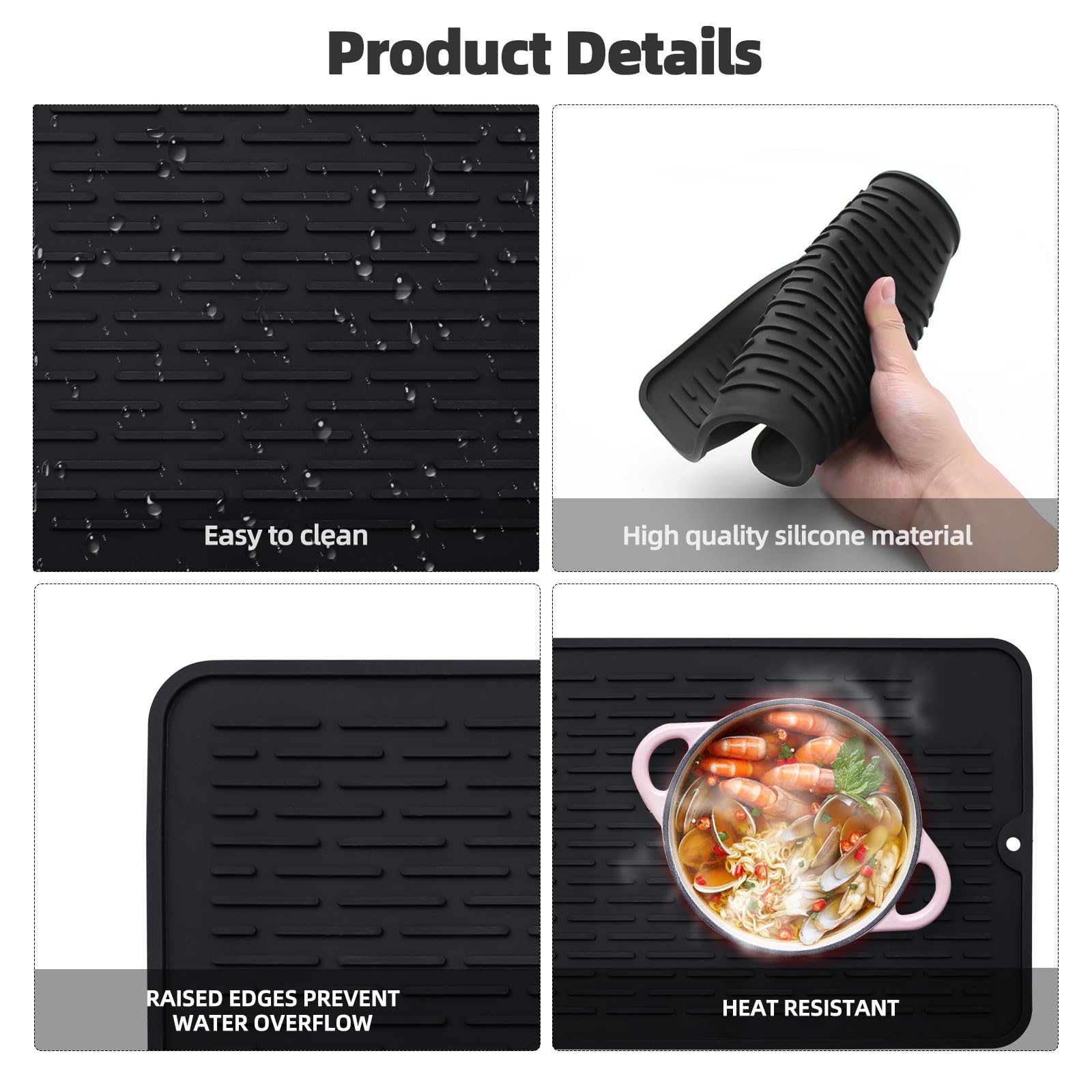 Afdruipmat voor keuken, afdruiprooster van siliconen, zwart (44 x 20 cm), antislip, hittebestendig en vaatwasmachinebestendig, voor het opbergen van bestek, servies, flessen