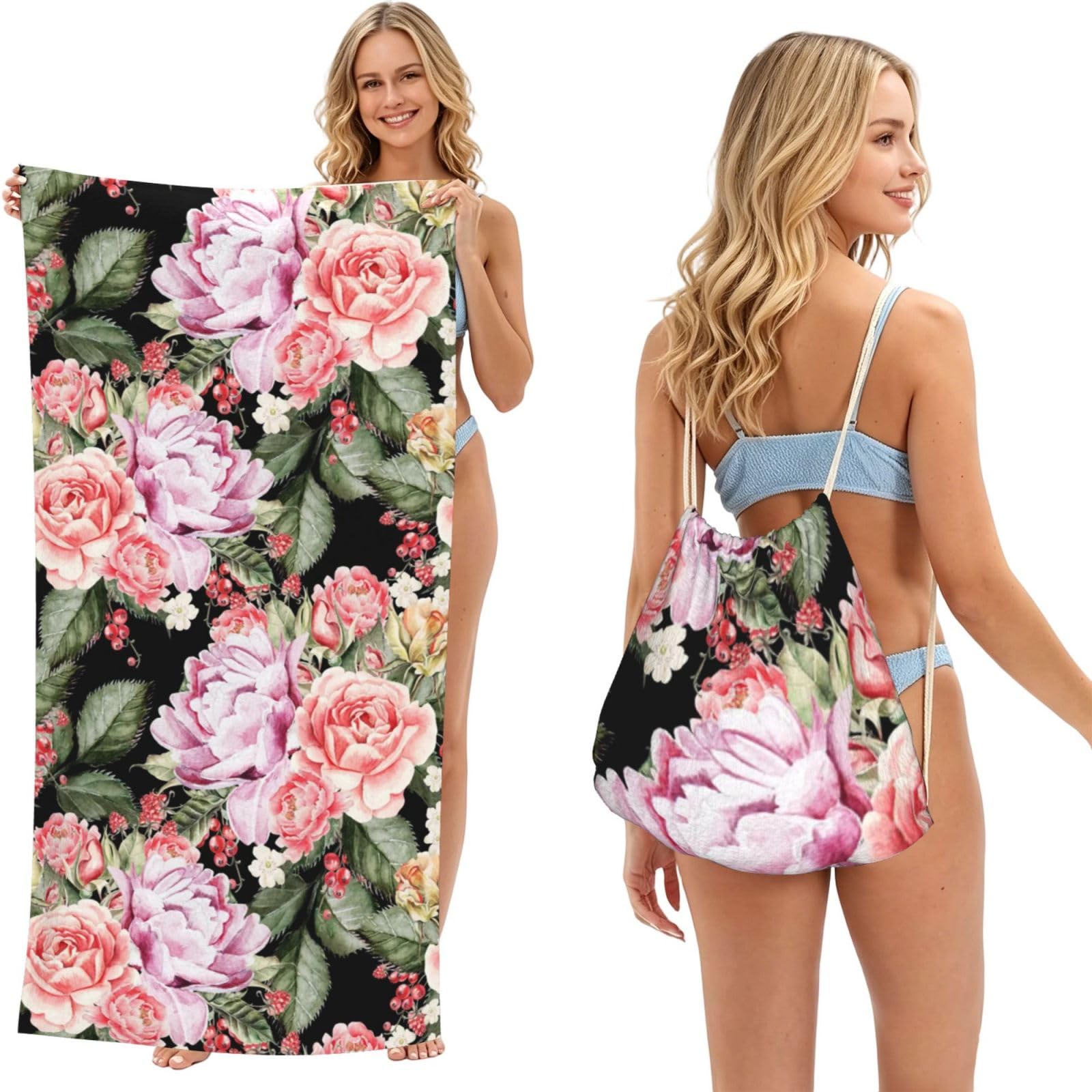 Poadnly Peony Flowers Rose Printing, 2 in 1 Packable Towel Bag, Beach Towels with Drawstring Backpack for Travel Holiday Camping