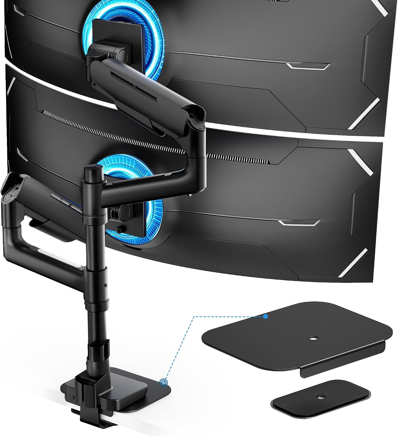 Ares Wing Vertical Dual Monitor Arm & Steel Monitor Mount Reinforcement Plate for 49'' and 44 Lbs Ultrawide Screen
