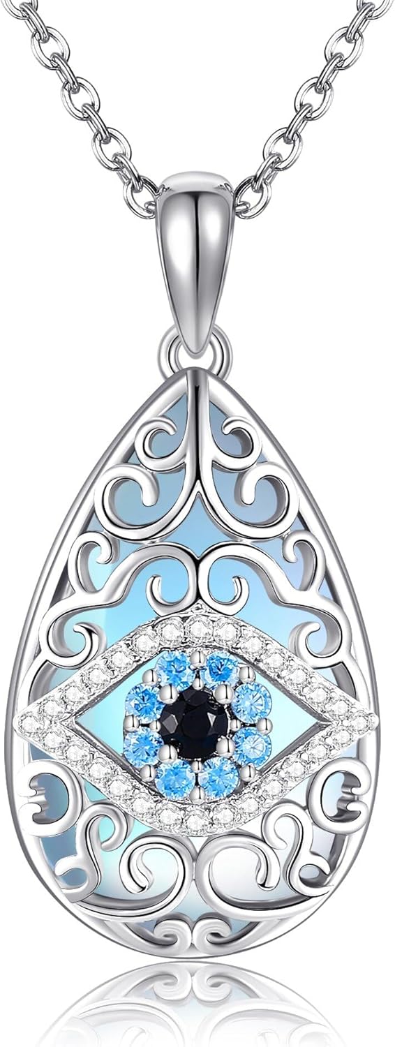 Evil Eye Necklace 925 Sterling Silver Moonstone Evil Eye Pendant Necklace Evil Eye Lucky Protection Jewelry Gifts for Women