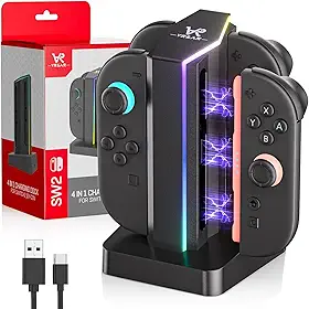 Base de carregamento para Nintendo Switch 2 Joycon, carregador de controle 4 em 1 compatível com Joy Con 2 para Nintendo Switch 2, com indicador de luz RGB e cabo de carregamento (preto)
